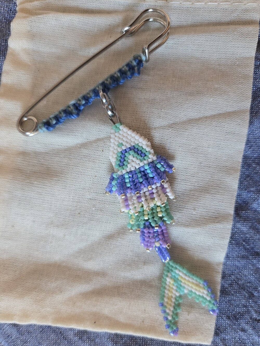 New Handmade Miyuki Bead-Woven Fish on a Safety Pin with Micro-Macramé